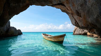 Obraz premium Tranquil ocean view through rocky cave portal with wooden boat on crystal clear water