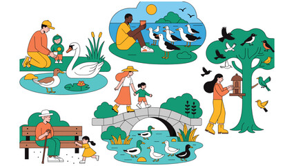 Fototapeta premium People enjoying nature, birdwatching, feeding birds and ducks, children with animals.