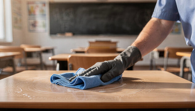 Custodian wearing protective gloves diligently clean school desk surface with blue microfiber cloth, ensuring hygiene in empty classroom before class start