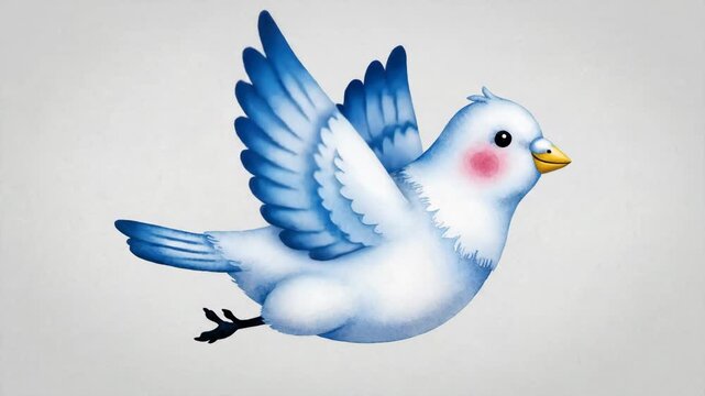 Adorable Watercolor Bird Illustration featuring a blue and white bird in flight with rosy cheeks perfect for children's content and greeting card designs.