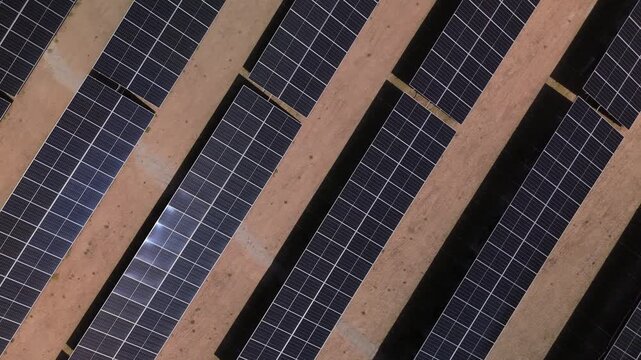 Top down aerial view of solar panel rows at photovoltaic power station. Drone footage showing geometric pattern of solar panels and clean energy infrastructure.