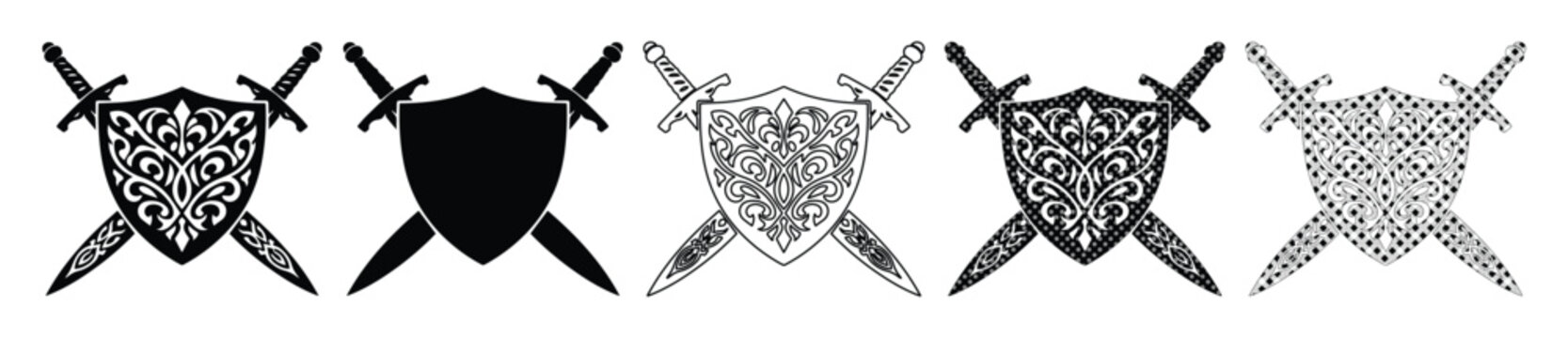 Medieval Shield and Crossed Swords Vector Set, 5 Intricate Knightly Emblems, Heraldic Coat of Arms Collection for Gaming and Fantasy Designs