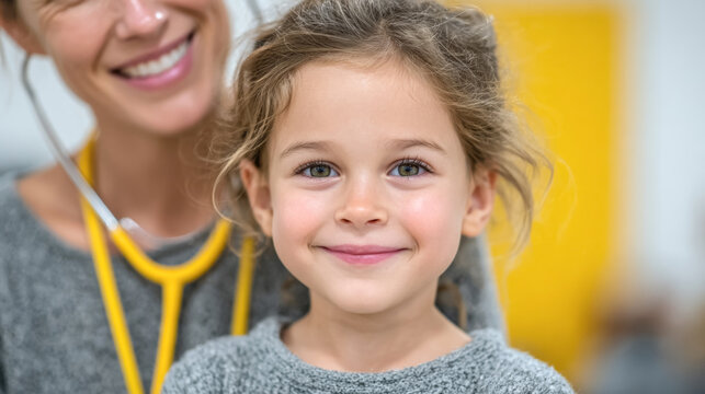 Smiling caucasian female child with adult woman in medical environment