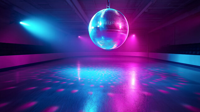 Illuminated roller rink with sparkling disco ball and vibrant pink and blue lights