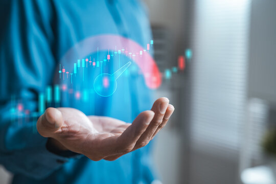 Hand presenting financial chart with risk indicator, representing stock market analysis, investment strategy, and volatility management in digital finance.