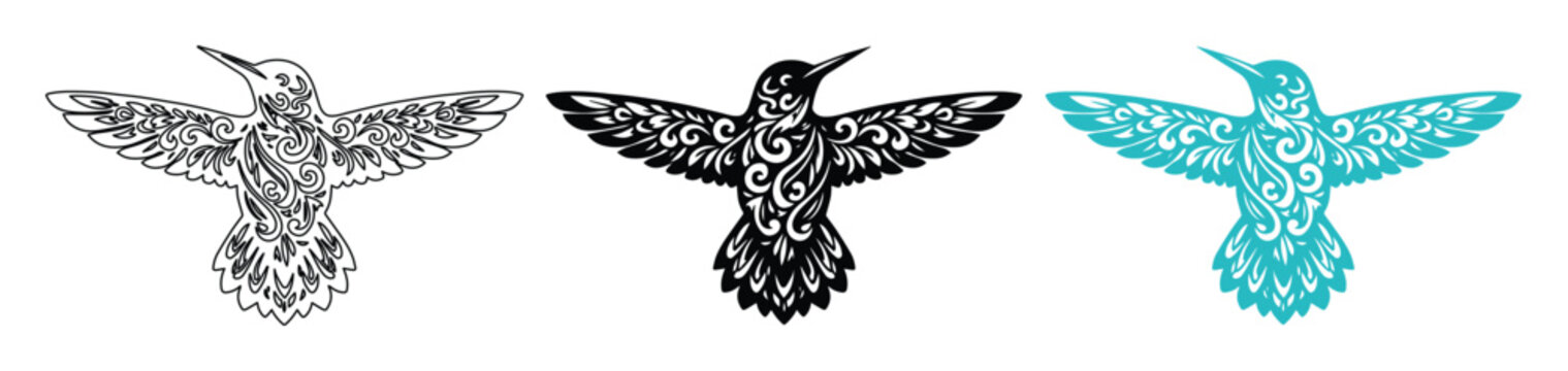 Intricate Hummingbird Vector Set, three ornate bird illustrations with detailed wings and bodies, elegant black, gray, and turquoise designs for nature-themed projects, logos
