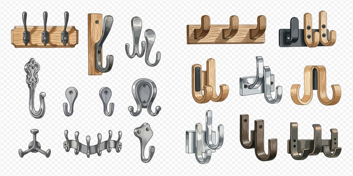 Collection of various wall hooks for hanging clothes and accessories, in different styles and materials.
