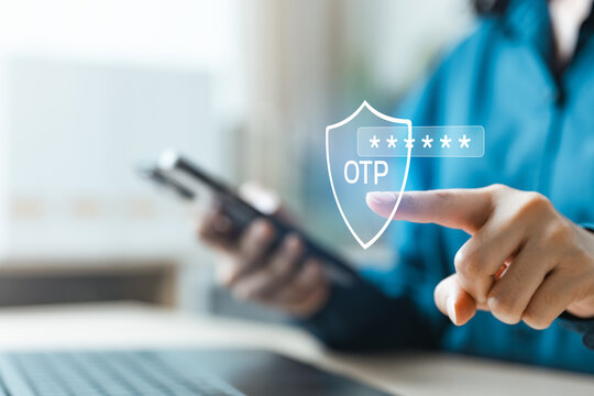 Close-up of hand entering OTP on smartphone with shield icon, concept of multi factor authentication, cybersecurity and secure login.