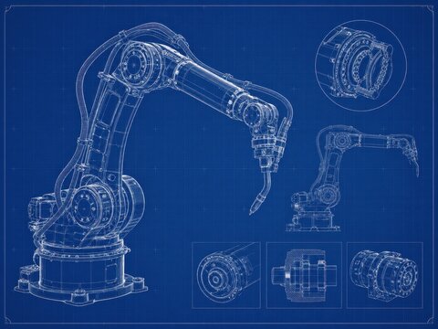Robotic arm blueprint showing mechanical assembly. Industrial engineering technical drawing for automation. Robot schematics for manufacturing process, machine design, innovation and technology
