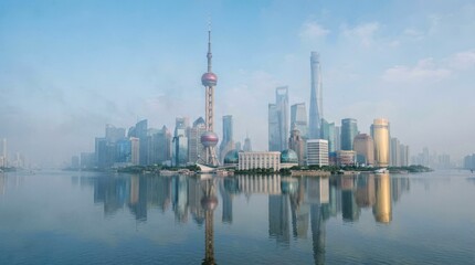 Obraz premium Shanghai Skyline Reflected in Calm Waters at Dawn