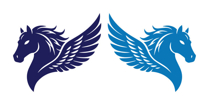 Majestic Pegasus vector logo design, a powerful winged horse head icon in dark blue and vibrant sky blue, ideal for branding and mythical themes