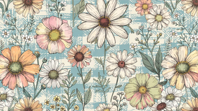 pastel daisy flowers pattern vector background
