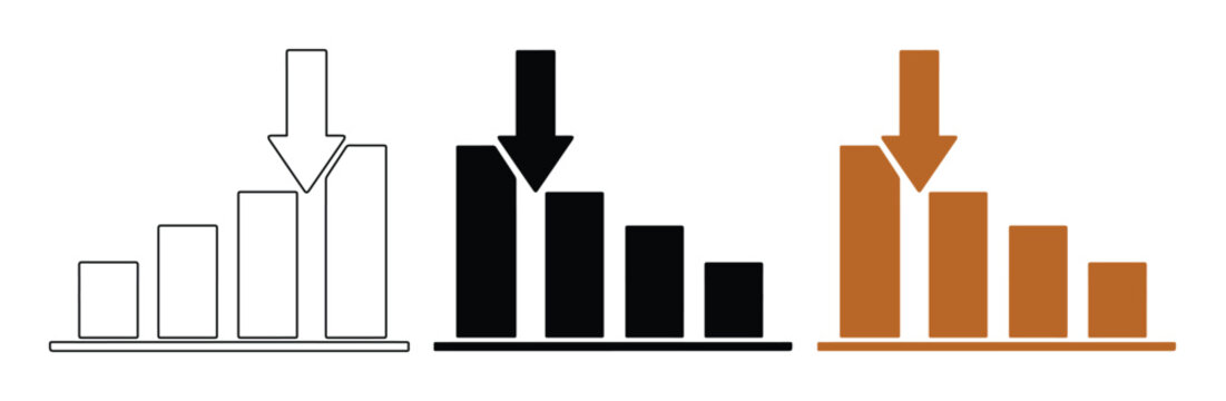 Declining Bar Chart Icon Set, three distinct styles of downward trend graphs, business data visualization, financial loss, and market decrease vector graphics for presentations and reports