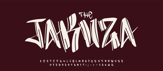Naklejka premium Japan Yakuza Font Logo Alphabet Calligraphy Letter Number Set Modern Typography, Oriental Typographic Design for Title Text, Typo Poster Headline, Type Symbol Logotype, Asian Fonts. Vector Typeface