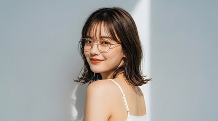 Fototapeta premium おしゃれなメガネモデル女性の自然光ポートレート (Soft Radiance Portrait Series)
