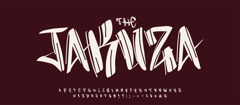 Japan Yakuza Font Logo Alphabet Calligraphy Letter Number Set Modern Typography, Oriental Typographic Design for Title Text, Typo Poster Headline, Type Symbol Logotype, Asian Fonts. Vector Typeface