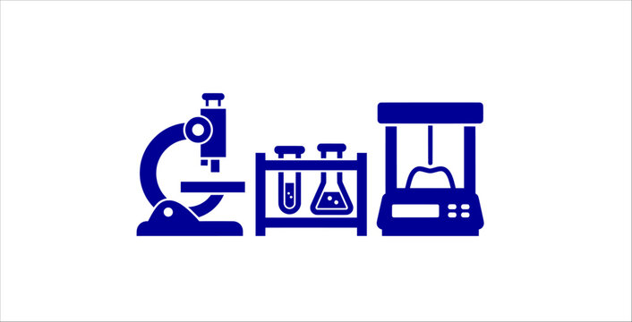 Laboratory science equipment flat icons set. microscope, research tools, test tubes, chemical flask, 3d printer device, lab analysis, biotechnology, innovation concept