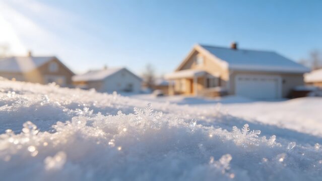 Snowcovered ground with houses in background
