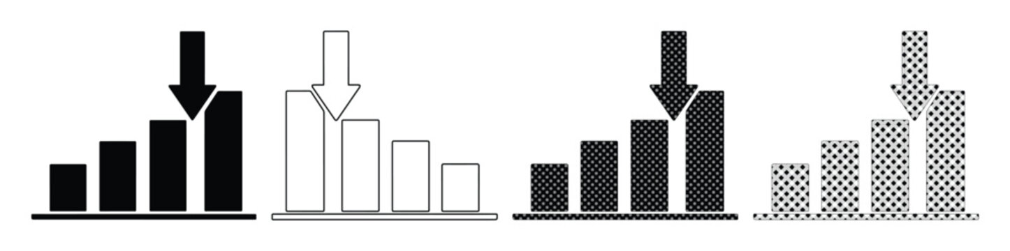 Signal strength indicator icon set, four distinct vector graphics representing network connectivity and data transfer. Modern digital communication symbols for mobile apps and web design.
