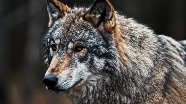 Majestic Grey Wolf Portrait with Intense Amber Eyes for Wildlife Documentaries and Nature Conservation Projects.