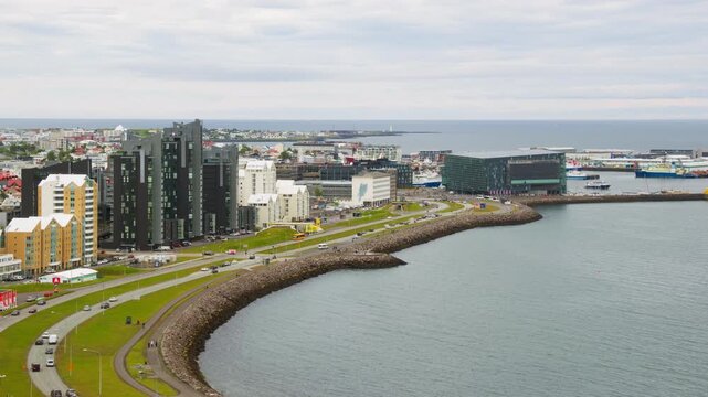 Reykjavik, Iceland. Aerial view of the city center of Reykjavik, Iceland during a cloudy day in summer. Time-lapse with car traffic in downtown