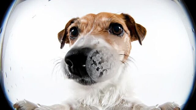 Funny Jack Russell Terrier close-up fisheye view of a dog licking the camera lens on a white background for pet care advertising and humorous social media content.