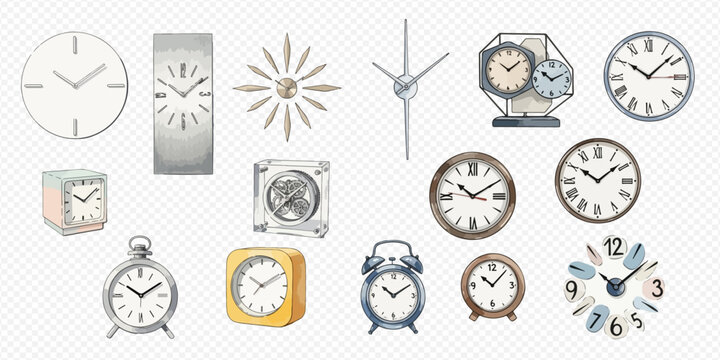 Collection of various watercolor clocks and watches, depicting different styles and designs for timekeeping.