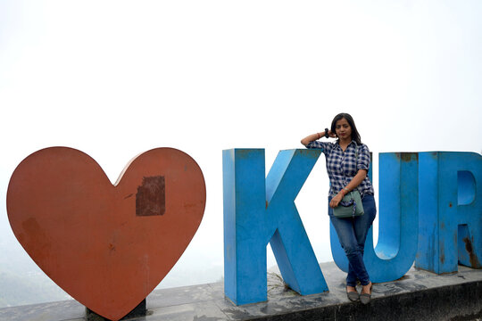 Young Indian Woman Posing Beside The I Love Kurseong Sign In West Bengal