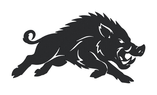 Dynamic wild boar vector illustration, aggressive hog silhouette, charging razorback graphic, powerful animal emblem for branding and sports