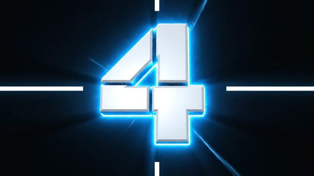 Metallic blue glowing 3D number four on black background