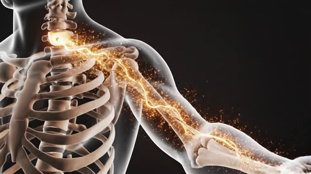 3D medical illustration of a herniated intervertebral disc with glowing nerve root compression in the human spine