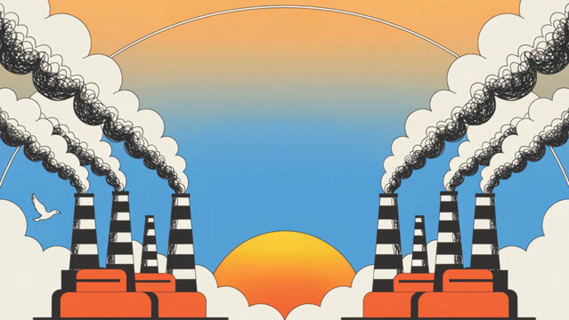 Industrial plants release smoke into the air and the sky vector background
