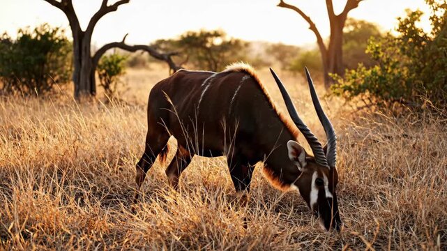 Majestic Sable Antelope standing in the African savanna bathed in golden sunset light with long spiraling horns, perfect for wildlife documentaries and nature conservation projects.