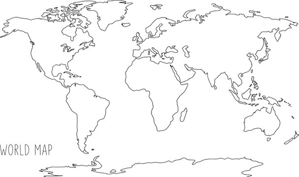 Simple black and white outline drawing of the world map
