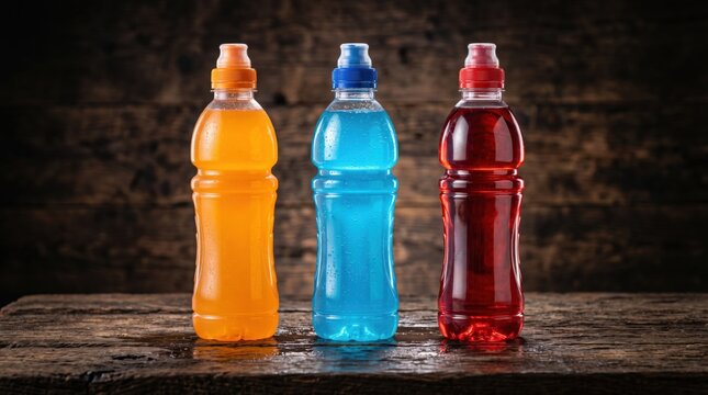 Colorful sports drink bottles on rustic wood background, three plastic isotonic energy beverages, vibrant electrolyte hydration drinks for fitness