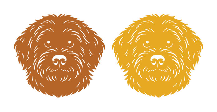 Cute Cavapoo dog head vector illustration, adorable fluffy puppy face graphic, brown and golden doodle pet icon, friendly canine breed design element