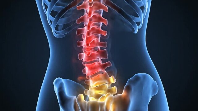 3D medical illustration of lower back pain highlighting the lumbar spine and pelvis