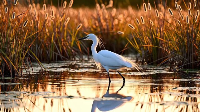 Elegant White Egret in Golden Sunset Standing in a Calm Wetland Surrounded by Glowing Reeds for Nature Documentaries and Environmental Conservation Projects.