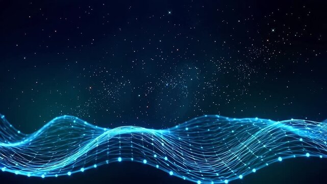Abstract digital wave with starry background emphasizing advanced technology and cybersecurity