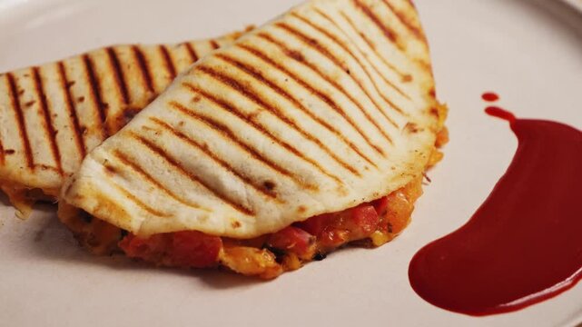 Traditional Mexican food quesadilla with pulled pork, beans and lots of cheese served with traditional Mexican sauce Valentina. High quality 4k footage