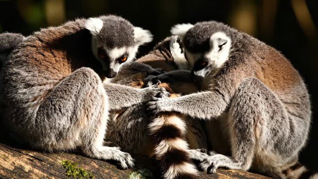 Group of Ring-Tailed Lemurs Sitting on a Tree Branch in the Wild for Nature Documentary and Wildlife Education.