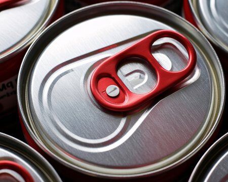 Closeup of red and silver soda can lids with pull tabs