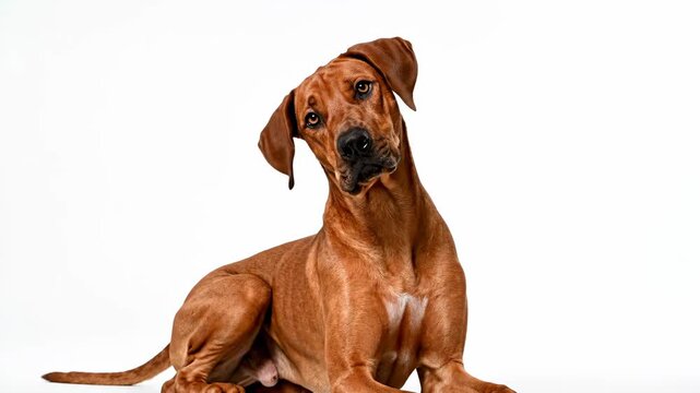 Majestic Rhodesian Ridgeback dog sitting calmly against a white studio background for pet care and animal breeding commercials.