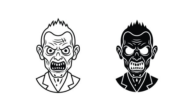 Zombie character head vector illustration in outline and solid black style for horror themed graphic design or spooky character mascot branding