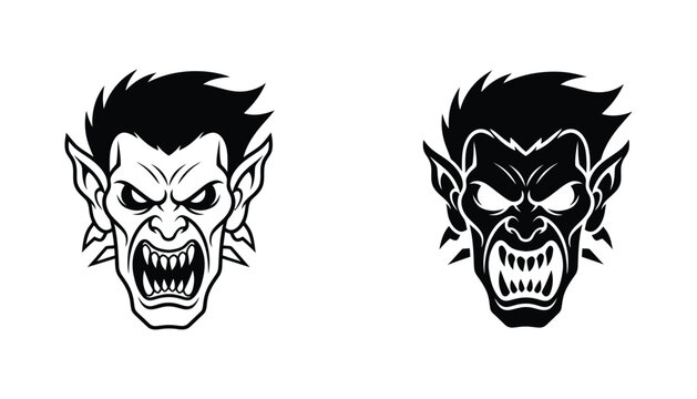 Scary monster head mascot for intense sports branding in aggressive line art and solid black silhouette styles for character design