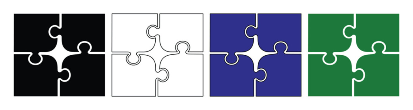 Puzzle piece vector set, four connected jigsaw elements in black, white, blue, and green, a versatile graphic resource for teamwork and problem-solving concepts