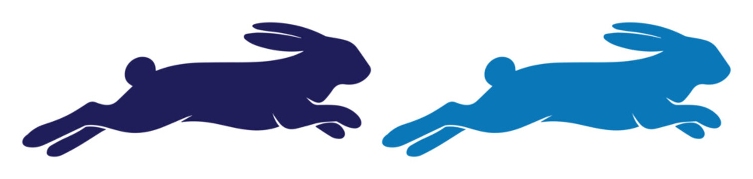 Dynamic running rabbit vector, two stylized blue and navy bunny silhouettes, fast-moving animal icon for speed and agility concepts, digital graphic resource for branding and design projects