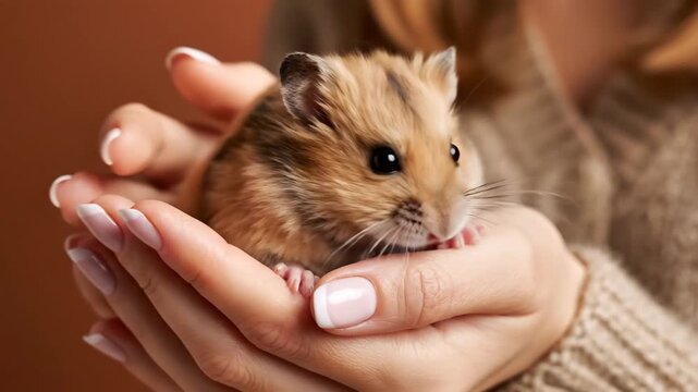 Adorable Little Hamster Sitting in Human Hands with Soft Lighting for Pet Care Content and Animal Lovers.