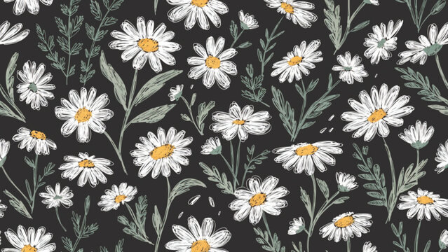 Seamless pattern of small white daisy flowers vector background