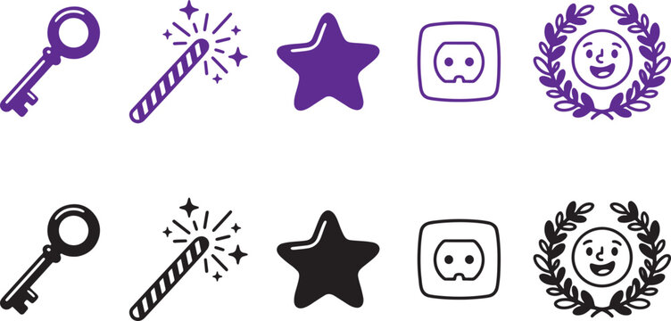 Set of icons including key, magic wand, star, power outlet and winner